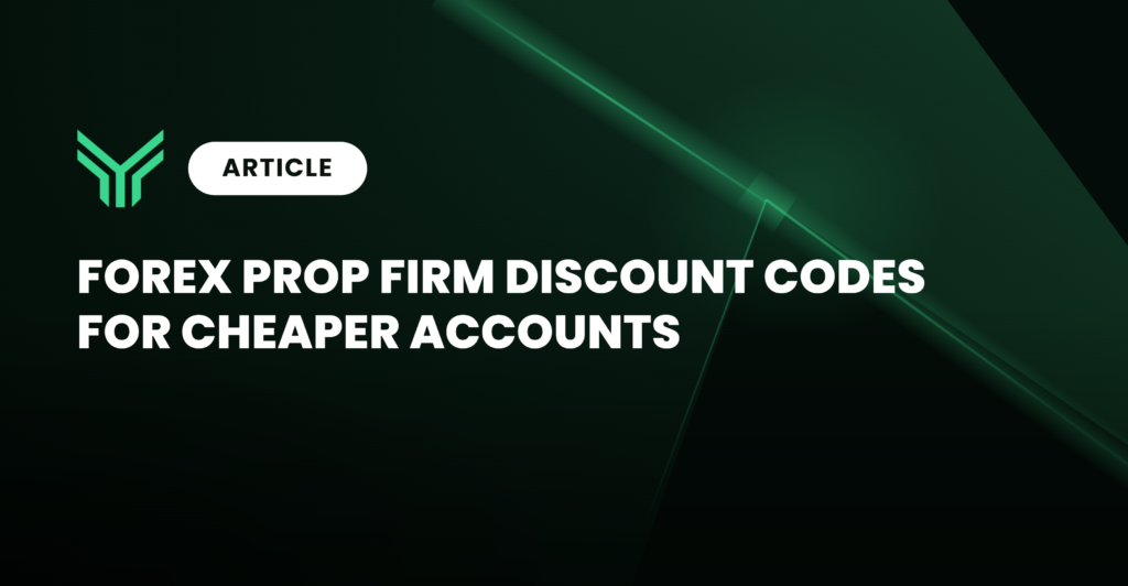 Dark green article cover banner with the Funding Traders chevron logo and a white "ARTICLE" pill label in the upper left, above bold white uppercase headline text reading "Forex Prop Firm Discount Codes for Cheaper Accounts", set against a black to deep green gradient background crossed by thin glowing green light streaks