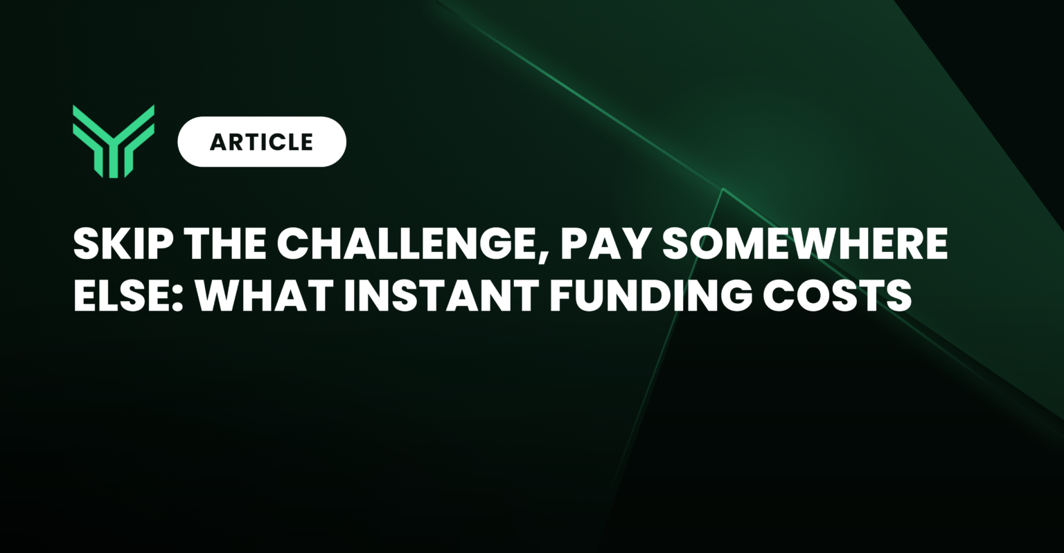 Funding Traders article cover graphic on a dark green to black gradient background, with angular translucent green light streaks cutting diagonally across the right side. The mint green chevron logo sits in the upper left beside a white pill shaped badge reading "ARTICLE". Bold white uppercase headline across two lines reads "SKIP THE CHALLENGE, PAY SOMEWHERE ELSE: WHAT INSTANT FUNDING COSTS".