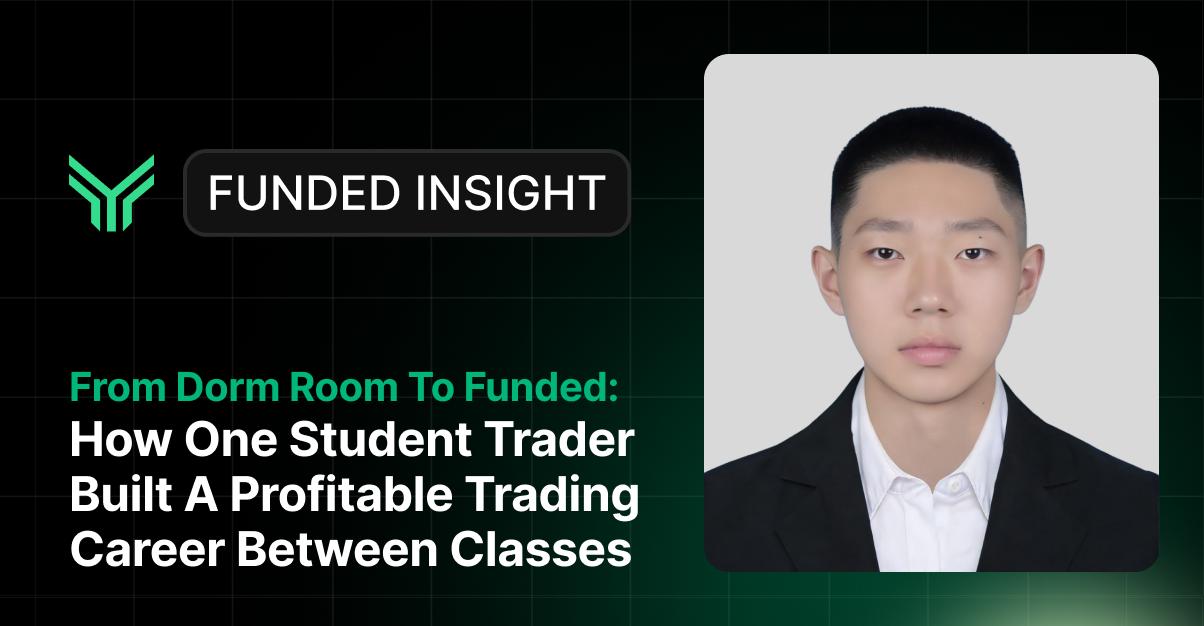 A dark-themed promotional graphic for Funded Insight. On the left, the Funded Insight logo and brand name appear at the top, with the article title below in white and green text reading "From Dorm Room To Funded: How One Student Trader Built A Profitable Trading Career Between Classes." On the right is a portrait photo of a young man in a black suit and white shirt against a light background.