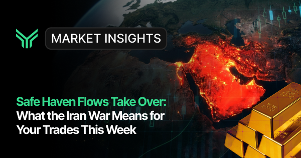 Market insights cover showing a glowing Middle East map with gold bars, illustrating safe haven flows during the Iran war and their impact on trades this week.