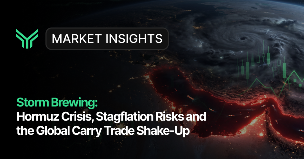 Market Insights blog cover showing a dramatic aerial view of Earth with the Middle East region glowing in red and a large storm system visible from space, overlaid with green candlestick chart graphics. Text reads "Storm Brewing: Hormuz Crisis, Stagflation Risks and the Global Carry Trade Shake-Up," signaling a financial analysis piece on geopolitical threats to global markets.