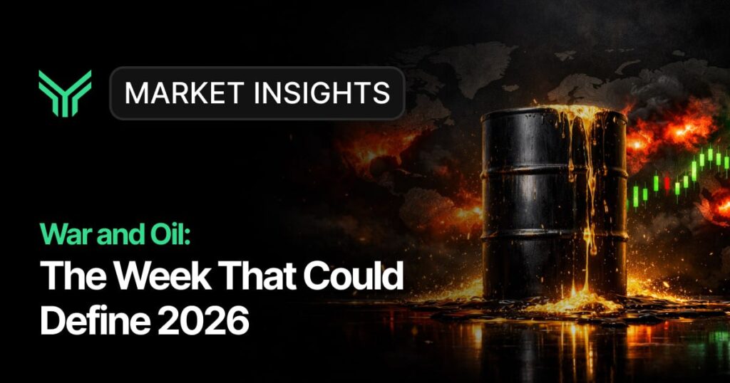 A dramatic financial market insights graphic featuring an oil barrel engulfed in flames against a dark, fiery background with a faint world map and green candlestick chart, headlined "War and Oil: The Week That Could Define 2026" — conveying the intersection of geopolitical conflict and global energy market volatility.
