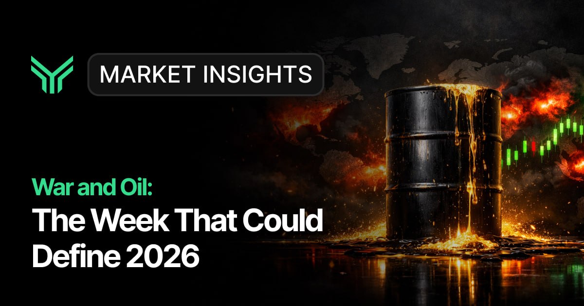 A dramatic financial market insights graphic featuring an oil barrel engulfed in flames against a dark, fiery background with a faint world map and green candlestick chart, headlined "War and Oil: The Week That Could Define 2026" — conveying the intersection of geopolitical conflict and global energy market volatility.