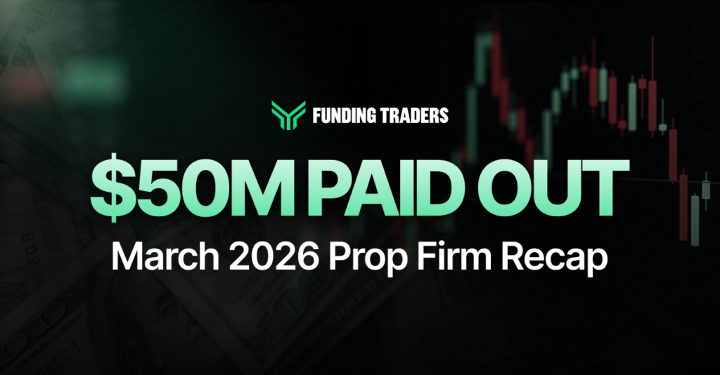 Promotional graphic for Funding Traders featuring the headline "$50M PAID OUT" in large, light-green text and the sub-headline "March 2026 Prop Firm Recap" in white. The background is dark and blurred, showing a trading candlestick chart and U.S. dollar bills.