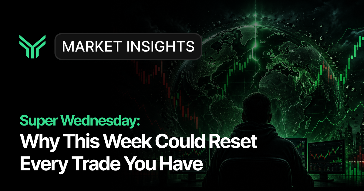 A dark-themed Market Insights blog cover featuring a silhouetted trader seated before multiple screens, facing a glowing globe overlaid with green candlestick charts. The headline reads "Super Wednesday: Why This Week Could Reset Every Trade You Have," signaling a high-stakes weekly market analysis piece.