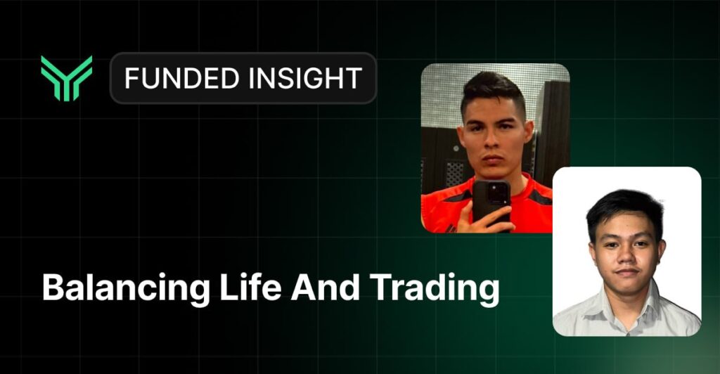 A branded "Funded Insight" promotional graphic featuring two young male traders side by side — one in a gym mirror selfie wearing a red athletic shirt, the other in a formal white collared shirt — above the headline "Balancing Life And Trading," framing them as real people who manage trading alongside everyday life.