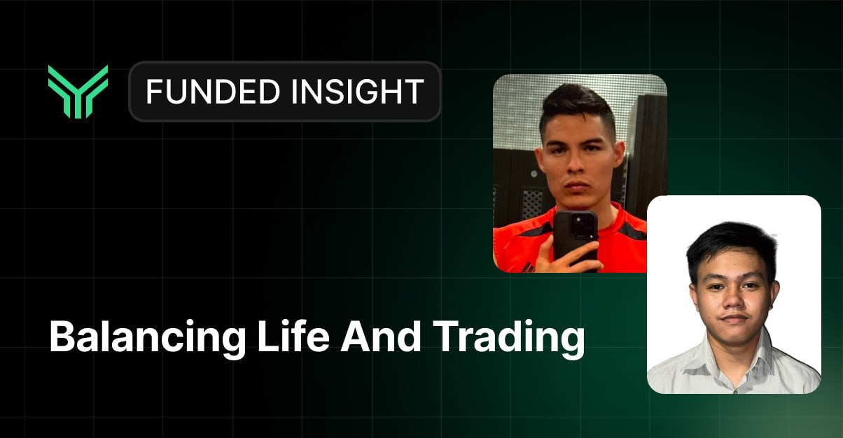 A branded "Funded Insight" promotional graphic featuring two young male traders side by side — one in a gym mirror selfie wearing a red athletic shirt, the other in a formal white collared shirt — above the headline "Balancing Life And Trading," framing them as real people who manage trading alongside everyday life.