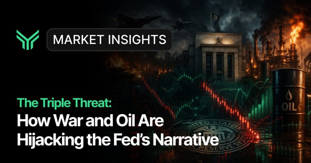 A dramatic market insights graphic showing a Federal Reserve building surrounded by fighter jets, explosions, and oil barrels against a stormy sky, overlaid with a sharply declining red candlestick chart and a glowing green world map — illustrating the article headline "The Triple Threat: How War and Oil Are Hijacking the Fed's Narrative."