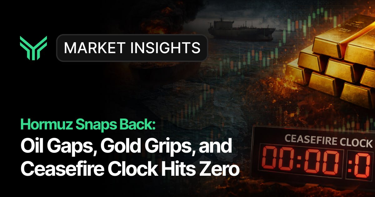 Market Insights cover graphic titled "Hormuz Snaps Back: Oil Gaps, Gold Grips, and Ceasefire Clock Hits Zero," featuring a burning oil tanker, stacked gold bars, candlestick chart overlays, and a digital countdown timer reading 00:00 labeled "Ceasefire Clock."