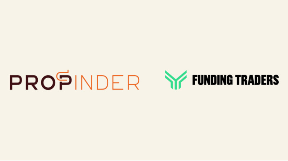 A clean, horizontal comparison graphic on a light beige background. On the left, the stylized text "PROPONDER" features a dark brown prefix and an orange-brown suffix, topped by a small, matching geometric icon. On the right, separated by a gap, is a green, multi-faceted geometric chevron icon next to the bold, black text "FUNDING TRADERS".