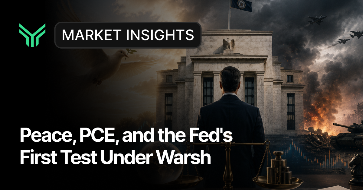 Market Insights blog cover titled "Peace, PCE, and the Fed's First Test Under Warsh," showing a suited figure facing the Federal Reserve building, flanked by a dove with an olive branch on one side and fighter jets over a war-torn battlefield on the other, with brass scales of justice in the foreground.
