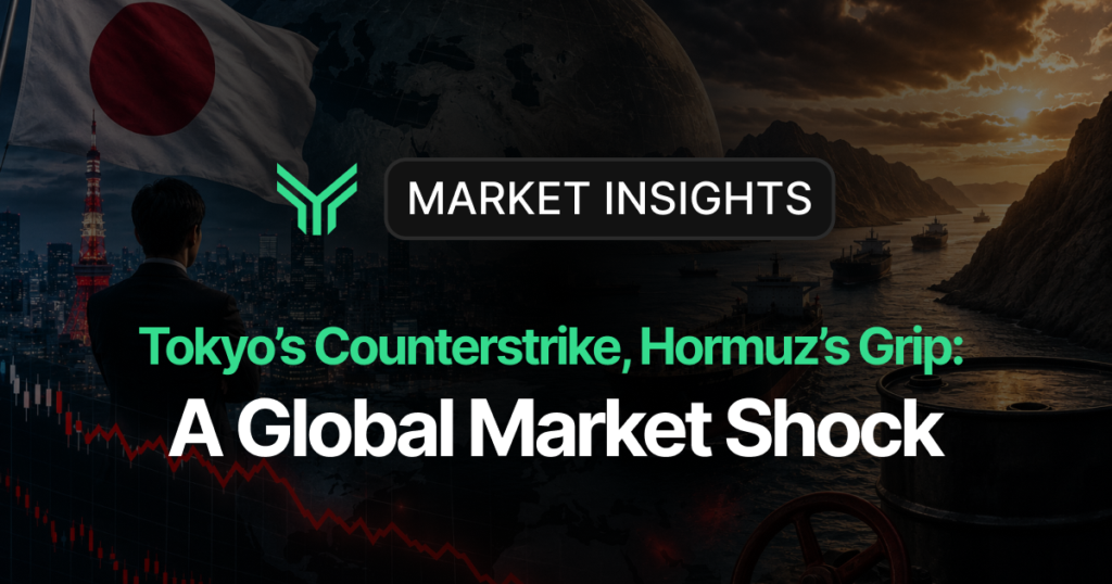 Market Insights blog cover featuring a split dramatic scene — on the left, a suited figure stands before the Tokyo skyline under a Japanese flag with a falling red candlestick chart overlay; on the right, oil tankers navigate a narrow, rocky strait at dusk, evoking the Strait of Hormuz. The headline reads "Tokyo's Counterstrike, Hormuz's Grip: A Global Market Shock," signaling an article about geopolitical tensions and their impact on financial markets.
