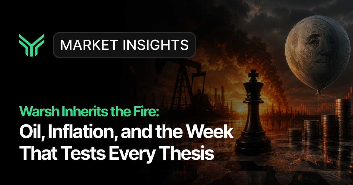 Funding Traders Market Insights cover titled "Warsh Inherits the Fire: Oil, Inflation, and the Week That Tests Every Thesis," featuring a chess king beside an oil pump, stacked coins, and a dollar-faced balloon against a fiery industrial backdrop.