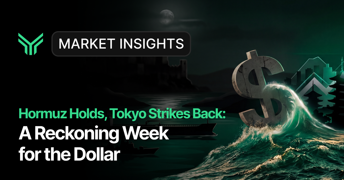 Market Insights blog cover showing a stormy dark ocean scene under moonlight, with a weathered dollar sign being swept by a crashing wave, a lone boat on turbulent waters, and glowing teal city skylines in the background — illustrating the article headline "Hormuz Holds, Tokyo Strikes Back: A Reckoning Week for the Dollar.