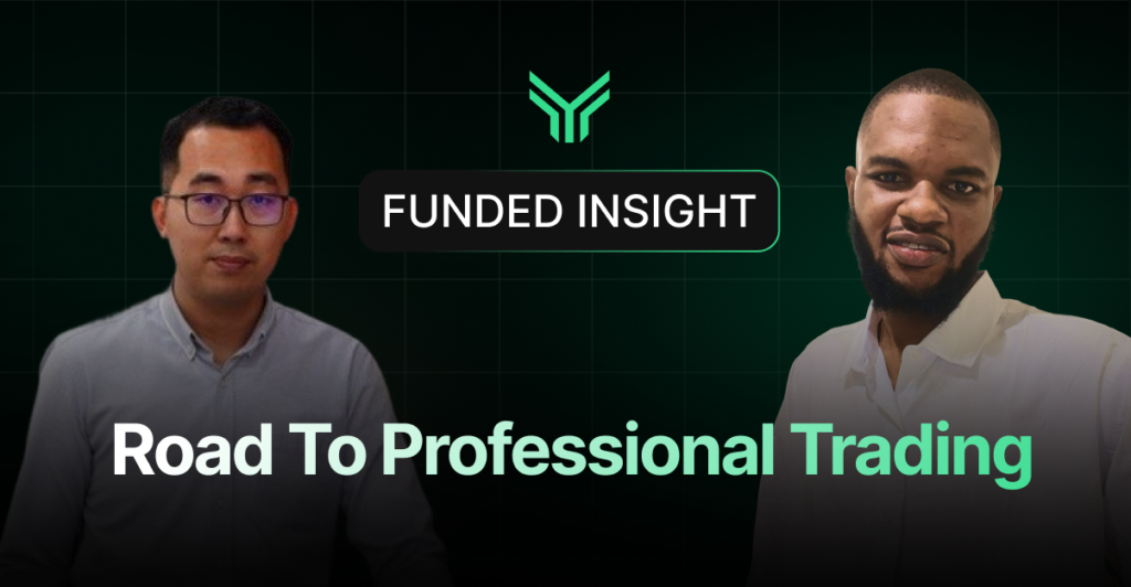 Promotional banner for a "Funded Insight" blog or video series titled "Road To Professional Trading," featuring two traders — one Asian man wearing glasses on the left and one Black man with a beard on the right — set against a dark green grid background with a green brand logo at the top center.