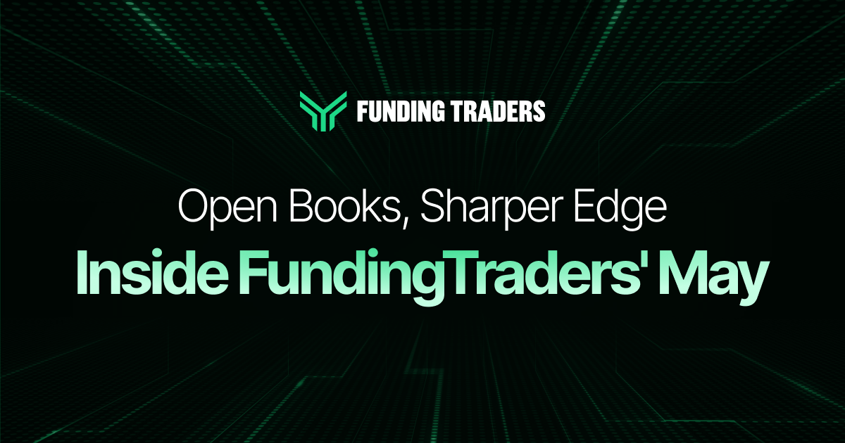 Funding Traders blog cover image with a dark background and glowing green grid lines converging toward the center, creating a sense of depth and forward momentum. The Funding Traders logo and icon sit at the top, with the headline "Open Books, Sharper Edge" in white and "Inside FundingTraders' May" in bold mint green below, signaling a transparent monthly recap from the prop trading firm.