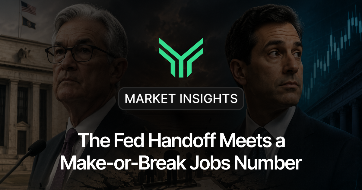 Blog cover for "Market Insights" with the headline "The Fed Handoff Meets a Make-or-Break Jobs Number." Two men in business suits face away from each other against a dark, dramatic backdrop. The left side shows a neoclassical government building with US flags, suggesting the Federal Reserve, while the right side features green and white candlestick charts representing financial markets. A green logo sits at the center above the title.