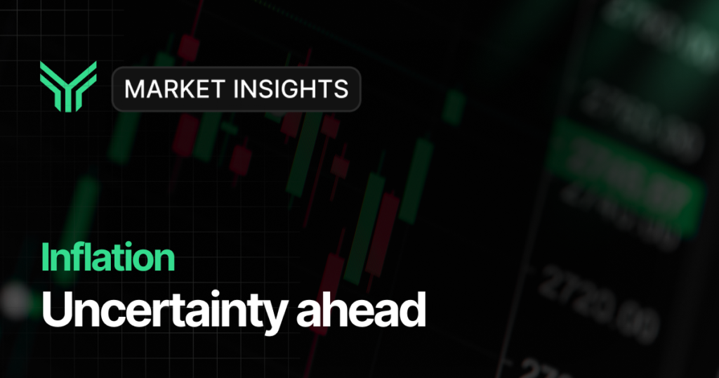 Market Insights blog cover with a green chevron logo and a "Market Insights" badge in the upper left. The background shows a blurred red and green candlestick chart with faint price levels along the right edge. The headline reads "Inflation" in green followed by "Uncertainty ahead" in large white text.