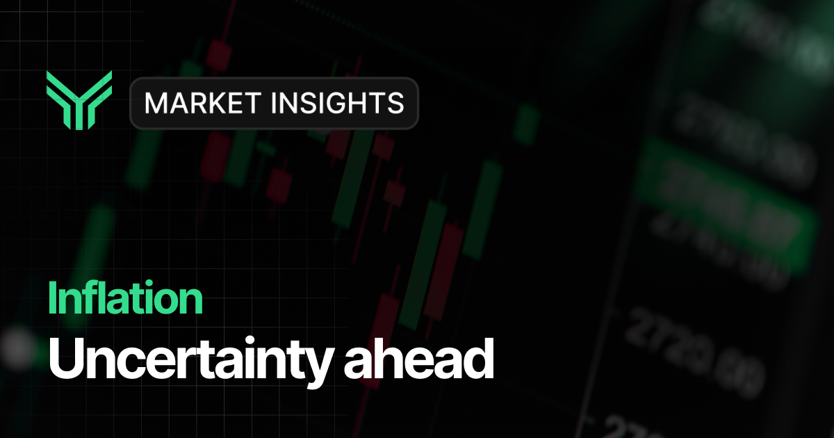 Market Insights blog cover with a green chevron logo and a "Market Insights" badge in the upper left. The background shows a blurred red and green candlestick chart with faint price levels along the right edge. The headline reads "Inflation" in green followed by "Uncertainty ahead" in large white text.