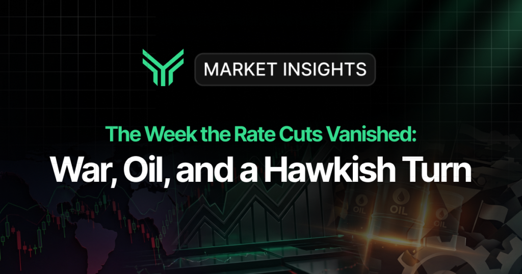 Market Insights blog cover with the headline "The Week the Rate Cuts Vanished: War, Oil, and a Hawkish Turn," set against a dark financial backdrop of candlestick charts, a world map, oil barrels, and industrial gears in green and black tones