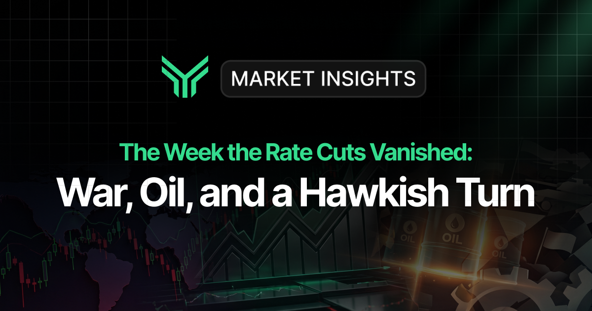 Market Insights blog cover with the headline "The Week the Rate Cuts Vanished: War, Oil, and a Hawkish Turn," set against a dark financial backdrop of candlestick charts, a world map, oil barrels, and industrial gears in green and black tones