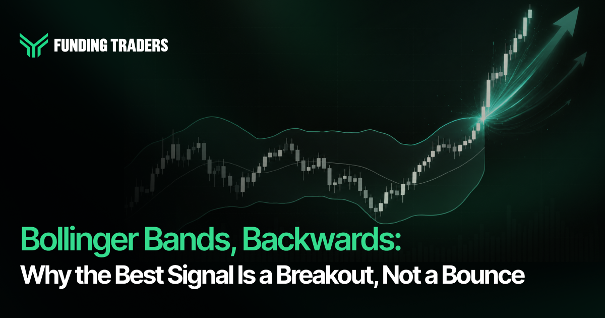 Funding Traders blog cover with a dark green background. The Funding Traders logo sits in the top left corner. A white candlestick chart runs across the center, enclosed by teal Bollinger Bands that widen at the right where the price breaks out sharply upward, trailed by glowing teal arrows pointing up and to the right. Green headline text reads "Bollinger Bands, Backwards:" with a white subheading below that reads "Why the Best Signal Is a Breakout, Not a Bounce".