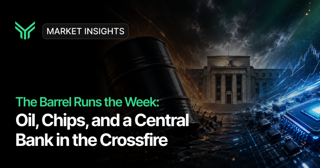 Market Insights blog cover with a green geometric logo and "MARKET INSIGHTS" label in the top left. The composite background blends three themes across a dark canvas: a large black oil barrel spilling crude on the left, a neoclassical central bank building with columns under a stormy sky in the center, and a glowing blue circuit board with a microchip and rising candlestick chart lines on the right. Green and white headline text reads "The Barrel Runs the Week: Oil, Chips, and a Central Bank in the Crossfire."