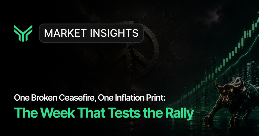 Blog cover graphic on a dark background with a green brand logo and a "Market Insights" pill label top left. A cracked stone peace symbol looms in the center, while a bronze charging bull statue and a green rising candlestick chart over a city skyline fill the right side. The headline reads "One Broken Ceasefire, One Inflation Print:" in white above "The Week That Tests the Rally" in large green type.