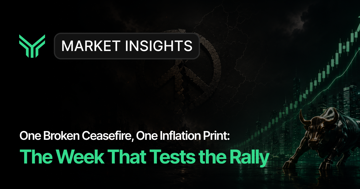 Blog cover graphic on a dark background with a green brand logo and a "Market Insights" pill label top left. A cracked stone peace symbol looms in the center, while a bronze charging bull statue and a green rising candlestick chart over a city skyline fill the right side. The headline reads "One Broken Ceasefire, One Inflation Print:" in white above "The Week That Tests the Rally" in large green type.