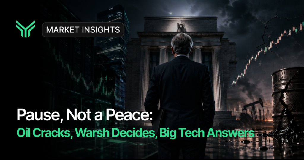 Dark, cinematic blog cover graphic for Funding Traders. A grey haired man in a dark suit is shown from behind, standing with his back to the viewer as he faces the illuminated stone facade of a neoclassical central bank building beneath stormy night clouds. To the left, glass office towers are overlaid with descending green candlestick charts. To the right, a red and green candlestick chart trends downward above a cracked black oil barrel leaking crude, with an oil pump jack and flare stacks silhouetted on the horizon. The Funding Traders green chevron logo sits in the top left beside a dark pill shaped badge reading "MARKET INSIGHTS". Headline text in the lower left reads "Pause, Not a Peace:" in white, followed by "Oil Cracks, Warsh Decides, Big Tech Answers" in bright green.