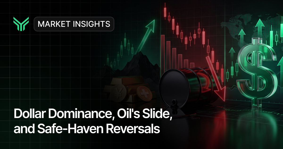 Market Insights blog cover showing a glowing green dollar sign, a tipped-over black oil barrel, and stacks of gold and yen coins against a backdrop of red and green candlestick charts with upward and downward arrows, titled "Dollar Dominance, Oil's Slide, and Safe-Haven Reversals"