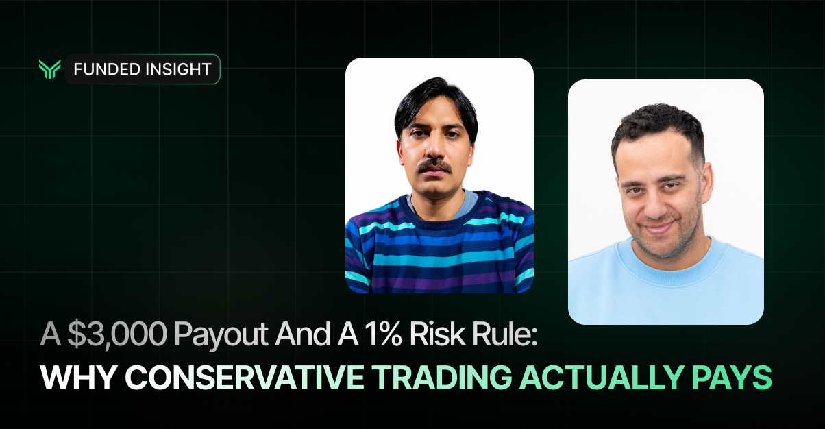 Funded Insight blog cover graphic on a dark green grid-pattern background with a subtle glow behind the center. The Funded Insight chevron logo and wordmark sit in a rounded pill badge at the top left. Two rounded portrait cutouts are staggered across the upper right: on the left, a man with dark hair and a moustache wearing a blue and teal striped sweater against a white backdrop, and slightly lower to the right, a smiling man with short dark hair and stubble wearing a light blue crewneck sweatshirt. Across the lower portion, headline text reads "A $3,000 Payout And A 1% Risk Rule:" in grey, followed by "WHY CONSERVATIVE TRADING ACTUALLY PAYS" in bold white and mint green capitals.