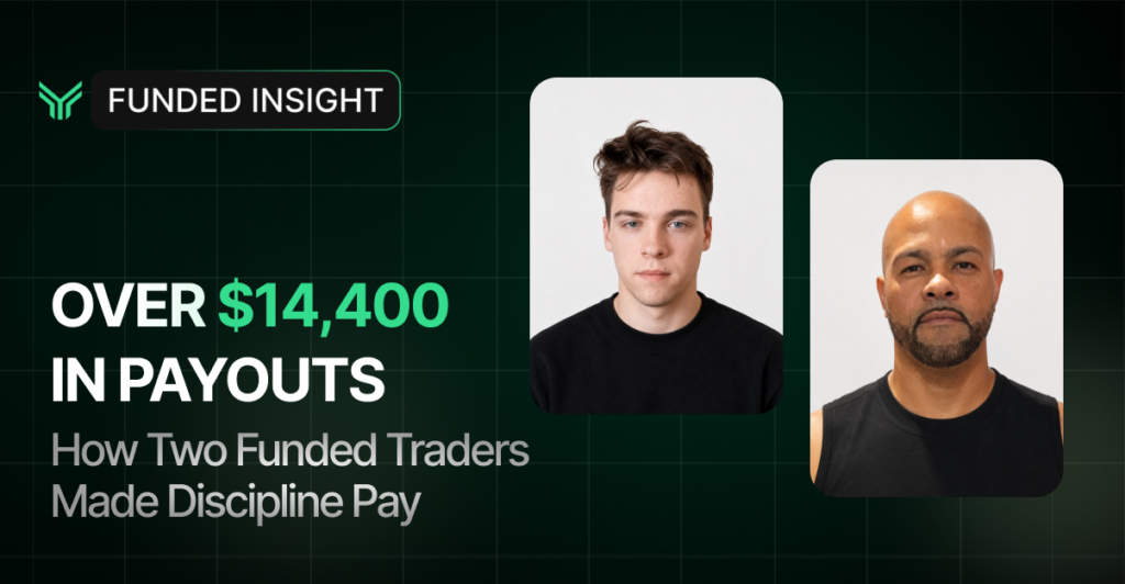 Funded Insight blog featured image on a dark green grid background. The Funded Insight logo sits top left. Bold white and green headline reads "OVER $14,400 IN PAYOUTS" with the subheading "How Two Funded Traders Made Discipline Pay" below in gray. Two headshots on the right show the featured traders against light backgrounds, both wearing black tops.