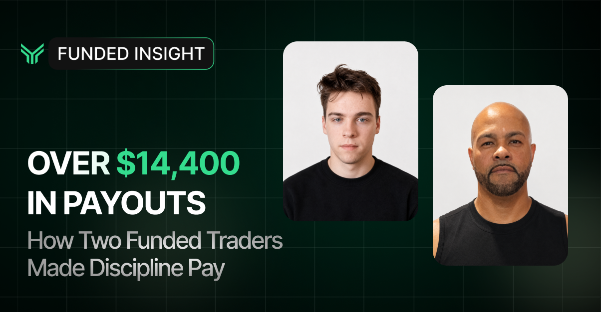 Funded Insight blog featured image on a dark green grid background. The Funded Insight logo sits top left. Bold white and green headline reads "OVER $14,400 IN PAYOUTS" with the subheading "How Two Funded Traders Made Discipline Pay" below in gray. Two headshots on the right show the featured traders against light backgrounds, both wearing black tops.
