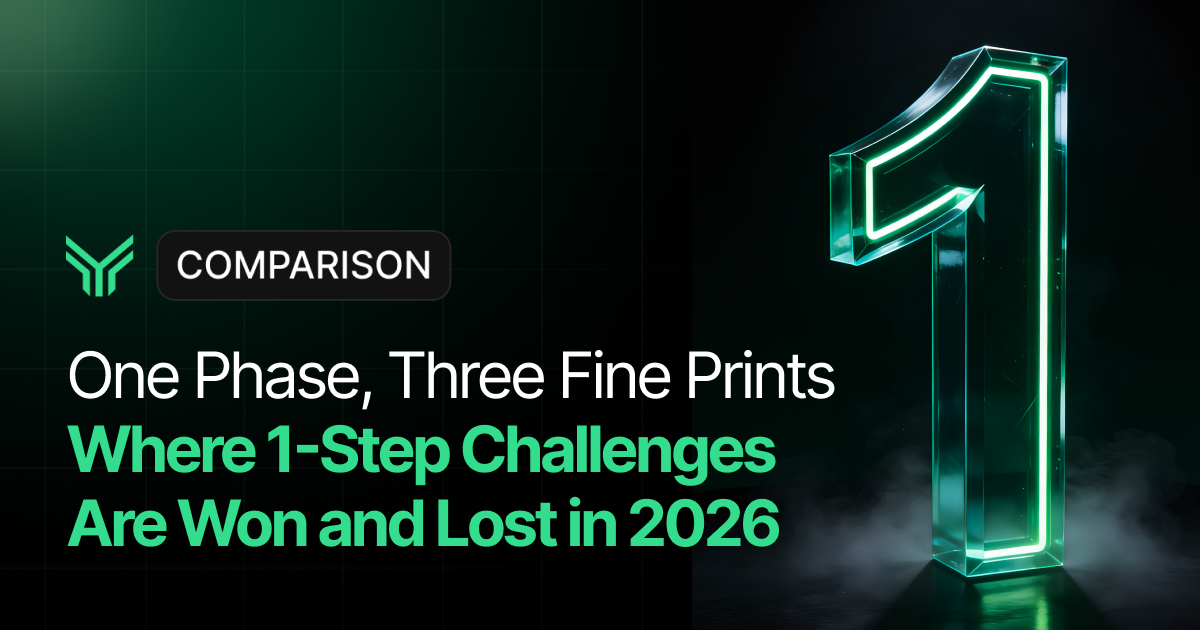 Dark blog cover graphic with a Funding Traders chevron logo and a black pill badge labeled "COMPARISON" on the left. Headline reads "One Phase, Three Fine Prints" in white, followed by "Where 1-Step Challenges Are Won and Lost in 2026" in mint green. On the right, a large glowing glass numeral 1 lit with neon green light rises from low fog against a faint grid background.
