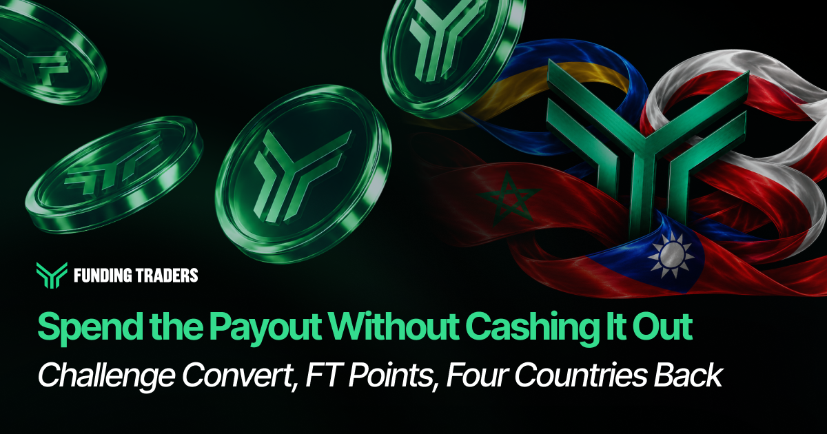 Funding Traders blog cover graphic on a black background. The Funding Traders logo, a green chevron mark with the wordmark "FUNDING TRADERS," sits in the lower left. Green translucent coins embossed with the chevron logo float across the left and center of the frame. On the right, a large 3D green chevron logo is wrapped in flowing ribbons rendered as national flags, including Morocco and Taiwan. The headline in bold green reads "Spend the Payout Without Cashing It Out," with an italic white subheading below: "Challenge Convert, FT Points, Four Countries Back." The layout signals a promotional post about spending payouts through platform features and regional offerings.