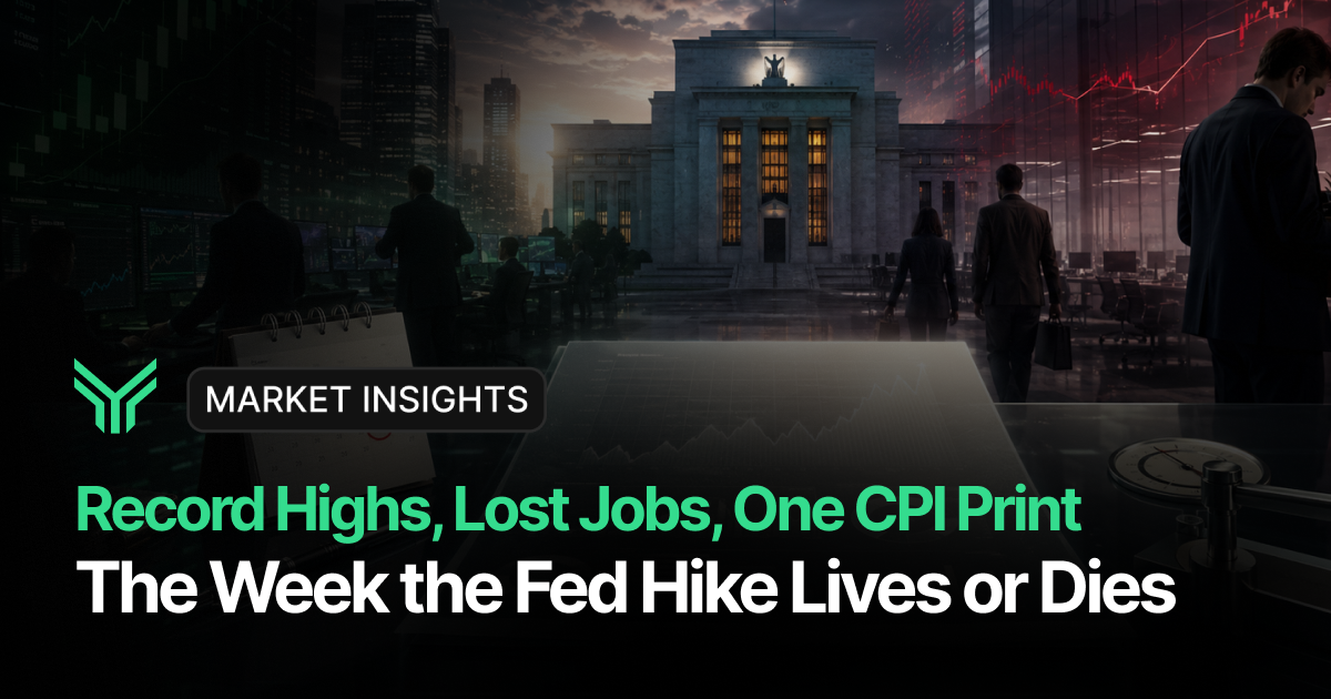 Funding Traders Market Insights blog cover with a cinematic dark composite image of the US Federal Reserve building lit from within, flanked by silhouetted traders and business figures walking through a glass-walled office. Green candlestick charts glow on the left side, red declining charts on the right, framing the central bank as the pivot point between the two. In the foreground, a desk with printed chart paper and a notepad sits in shadow. The green chevron logo appears at lower left beside a pill-shaped badge reading MARKET INSIGHTS. Headline text below reads "Record Highs, Lost Jobs, One CPI Print" in green, with "The Week the Fed Hike Lives or Dies" in bold white beneath it.