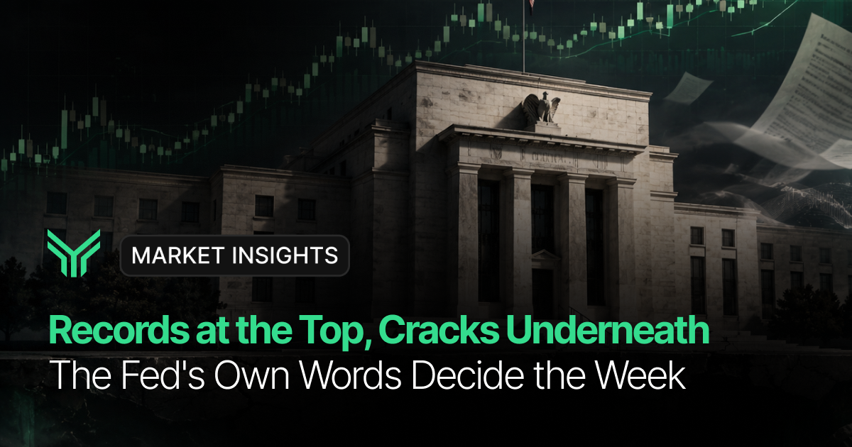 Funding Traders Market Insights blog cover featuring the US Federal Reserve building in dark, dramatic lighting, overlaid with a rising green candlestick chart and a faded document in the upper right corner. The green chevron logo sits beside a pill-shaped "MARKET INSIGHTS" badge. Headline in green reads "Records at the Top, Cracks Underneath" with the subheading in white below: "The Fed's Own Words Decide the Week."