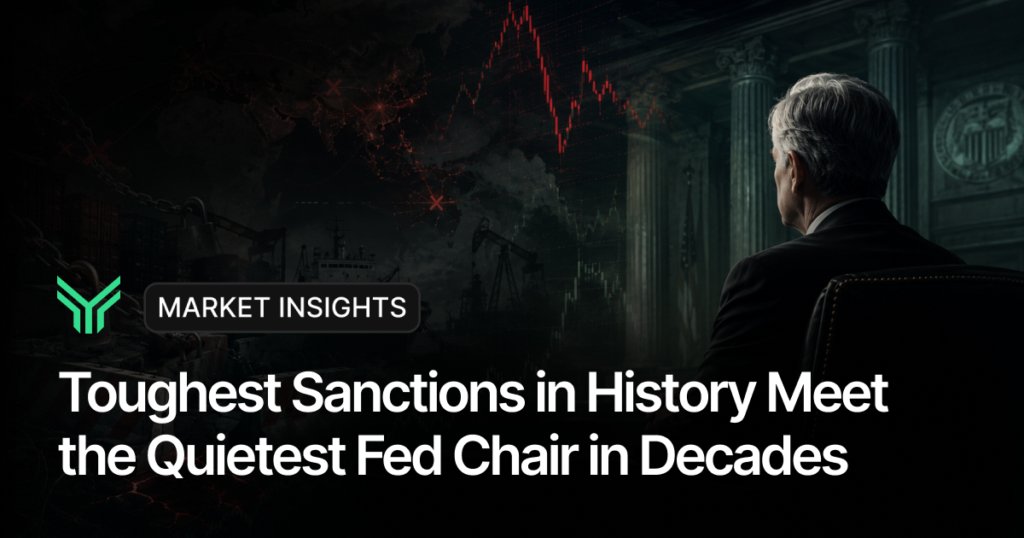 Dark market insights blog cover showing a silver haired man in a suit seen from behind, facing neoclassical columns and a Federal Reserve seal, layered over a falling red candlestick chart, a glowing world map with strike points, oil derricks, and a cargo ship. Text reads "MARKET INSIGHTS" and "Toughest Sanctions in History Meet the Quietest Fed Chair in Decades."