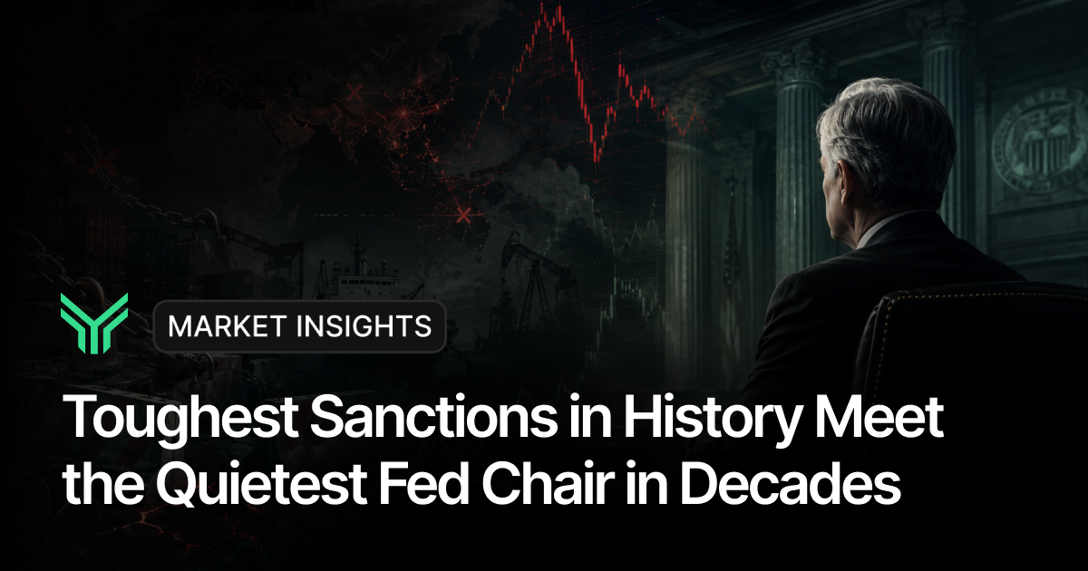 Dark market insights blog cover showing a silver haired man in a suit seen from behind, facing neoclassical columns and a Federal Reserve seal, layered over a falling red candlestick chart, a glowing world map with strike points, oil derricks, and a cargo ship. Text reads "MARKET INSIGHTS" and "Toughest Sanctions in History Meet the Quietest Fed Chair in Decades."
