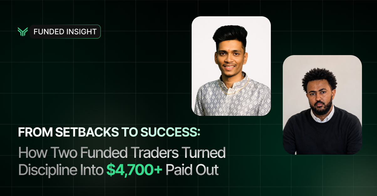 Funded Insight blog cover graphic on a dark green background with a subtle grid pattern. The Funded Insight logo badge sits in the top left corner. Two rounded portrait photos are featured: one of a smiling young man with styled dark hair wearing a patterned light shirt and gold chain, and another of a man with curly dark hair and a beard wearing a dark sweater over a white collared shirt. The headline reads "FROM SETBACKS TO SUCCESS:" in bold white and mint green text, followed by "How Two Funded Traders Turned Discipline Into $4,700+ Paid Out" with the payout figure highlighted in green.