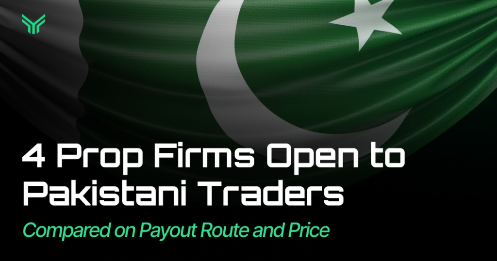 Blog banner with a draped Pakistani flag, green with a white crescent and star, fading into a dark background beside the FundingTraders logo, with the headline "4 Prop Firms Open to Pakistani Traders" and the green subheading "Compared on Payout Route and Price."