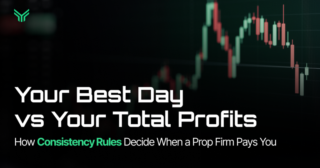 Blog header image with a green FundingTraders logo in the top left and a faded green and red candlestick chart in the background. Bold white text reads: Your Best Day vs Your Total Profits. Below it, smaller text reads: How Consistency Rules Decide When a Prop Firm Pays You, with "Consistency Rules" highlighted in green.