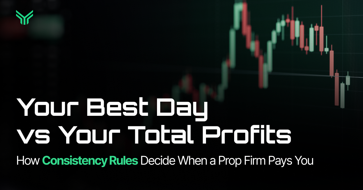 Blog header image with a green FundingTraders logo in the top left and a faded green and red candlestick chart in the background. Bold white text reads: Your Best Day vs Your Total Profits. Below it, smaller text reads: How Consistency Rules Decide When a Prop Firm Pays You, with "Consistency Rules" highlighted in green.