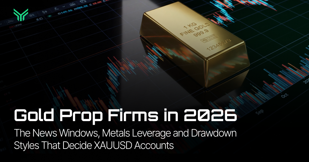 Gold bar on a candlestick price chart, cover image for our best prop firm for gold (XAUUSD) comparison in 2026