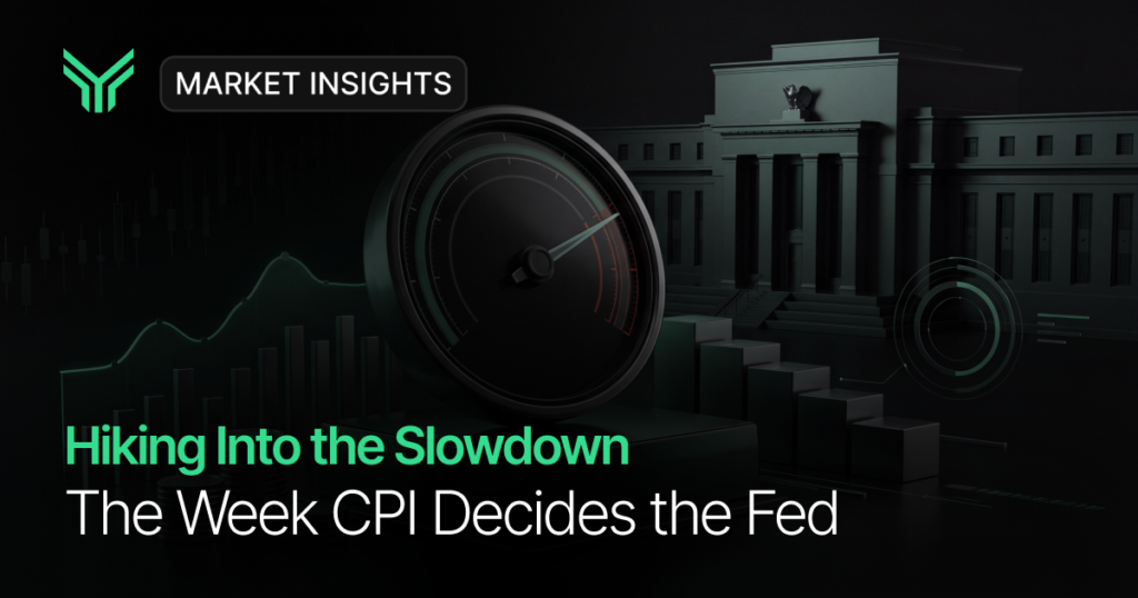 Dark, green-tinted blog cover showing a large analog gauge with its needle sweeping toward a red zone, set against a neoclassical Federal Reserve style building, faint candlestick charts, and 3D bar-chart blocks. A "MARKET INSIGHTS" badge sits at the top left beside a green logo mark, with the headline "Hiking Into the Slowdown" in green above "The Week CPI Decides the Fed" in white.