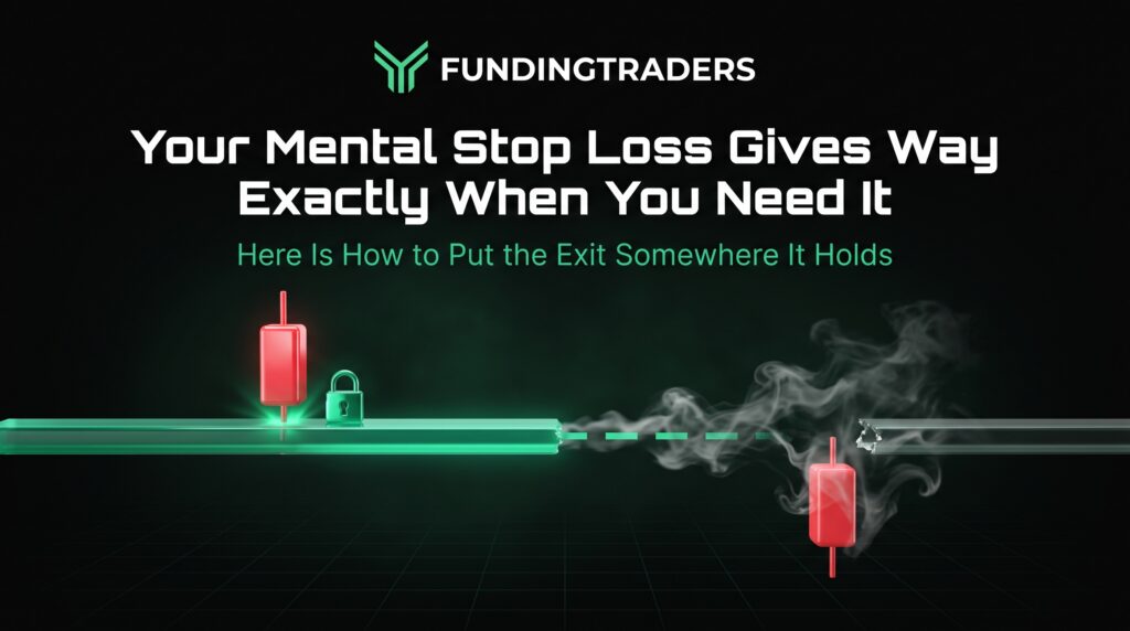 Mental stop loss line dissolving under a falling chart next to a hard stop loss line that holds