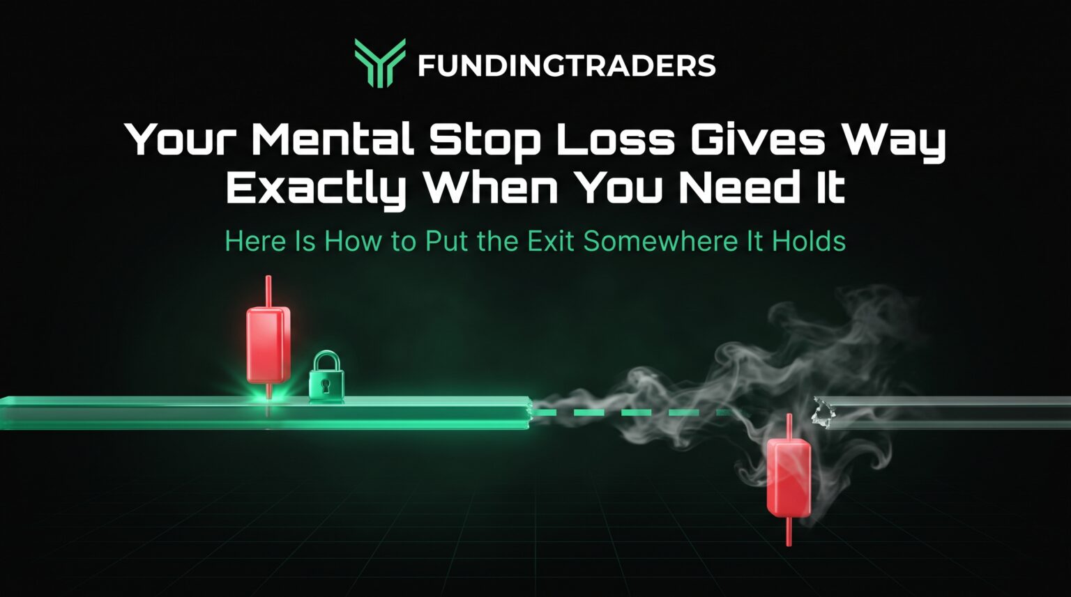 Mental stop loss line dissolving under a falling chart next to a hard stop loss line that holds