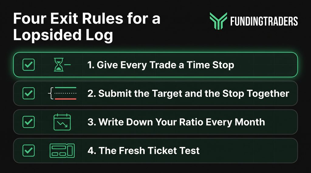 Checklist of four fixes for duration disparity: a time stop, a fixed target, a monthly review and the fresh ticket test