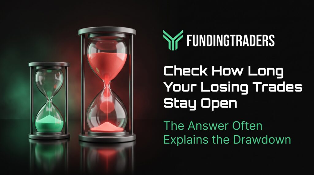 A small emerald hourglass that has run out beside a tall red hourglass still draining, the time cost of holding losing trades